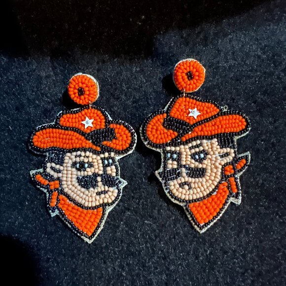 Oklahoma State Pistol Pete Orange Seed Beaded Football Fan Earrings Sports NEW - Picture 2 of 3